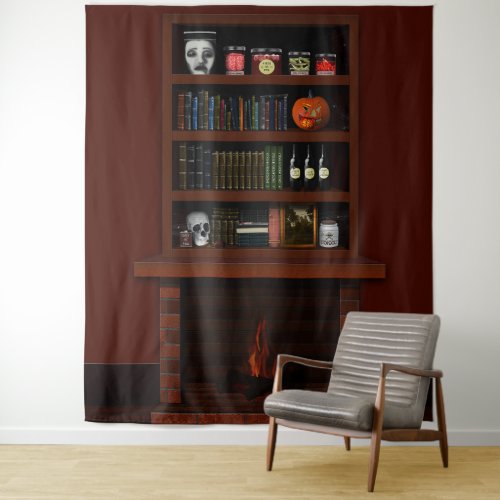 Halloween Haunted House Bookshelf Fire Place Tapestry