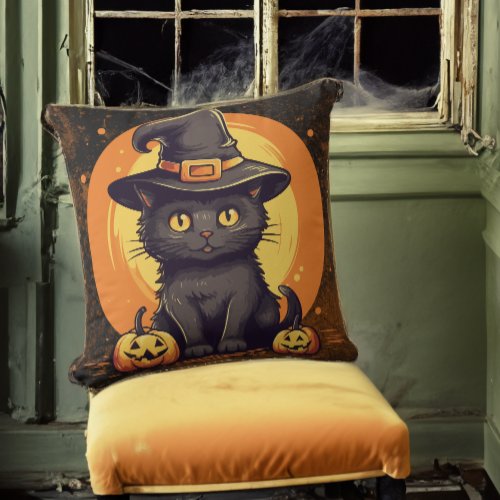 Halloween Haunted House Cat in Witch Hat Throw Pillow