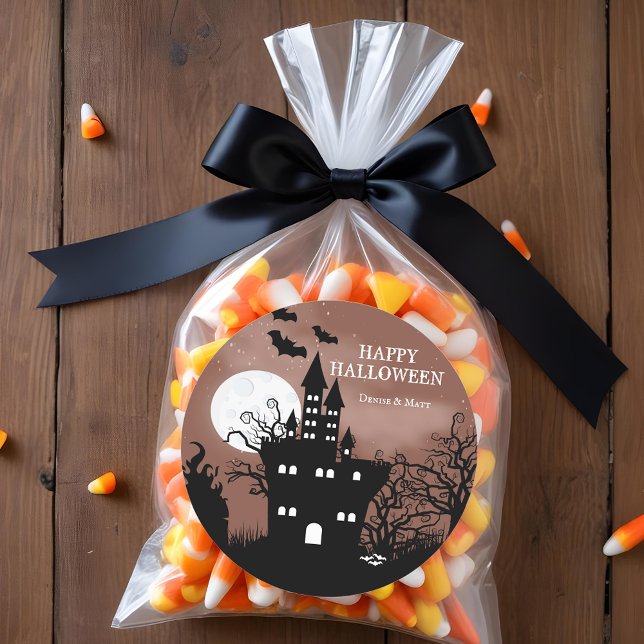 Halloween Haunted House Classic Round Sticker (Happy Halloween Haunted Castle Stickers)