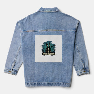 Halloween Haunted House Clock Tower Bats Ghost_1 Denim Jacket