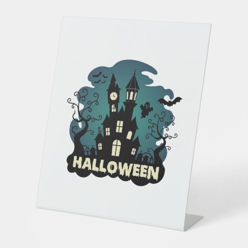 Halloween Haunted House Clock Tower Bats Ghost_1 Pedestal Sign
