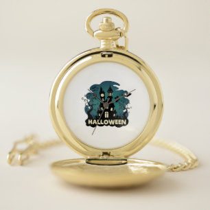 Halloween Haunted House Clock Tower Bats Ghost_1 Pocket Watch