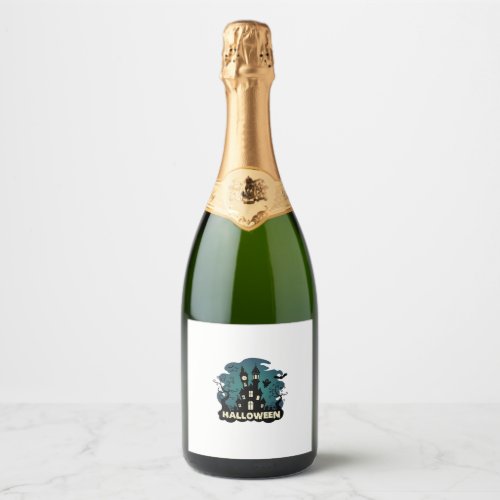 Halloween Haunted House Clock Tower Bats Ghost_1 Sparkling Wine Label