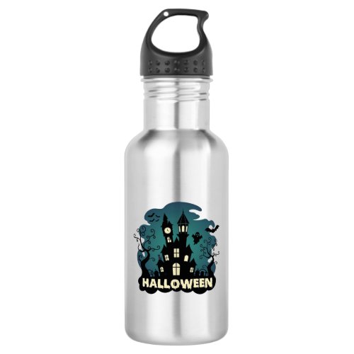 Halloween Haunted House Clock Tower Bats Ghost_1 Stainless Steel Water Bottle