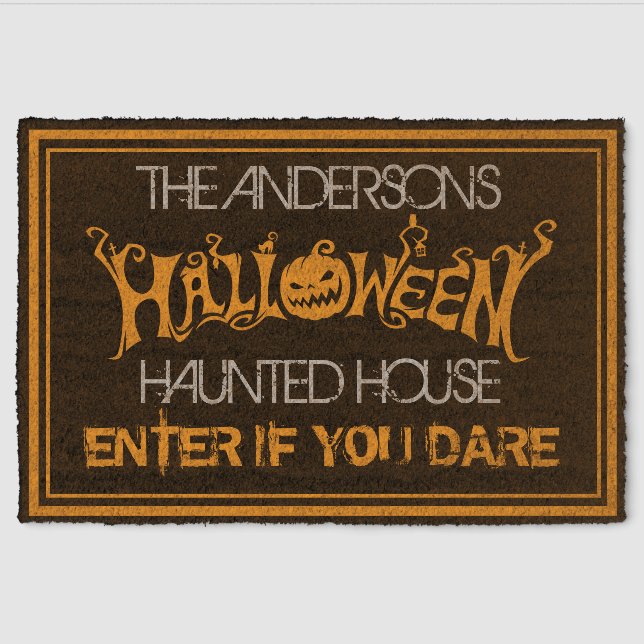 Halloween Haunted House Custom Black Orange Fiber Doormat (Front)