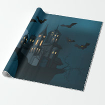 Halloween haunted house, dead tree, moon and bats wrapping paper