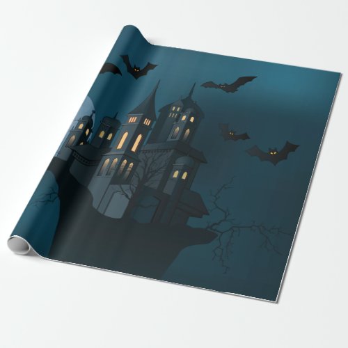 Halloween haunted house dead tree moon and bats wrapping paper