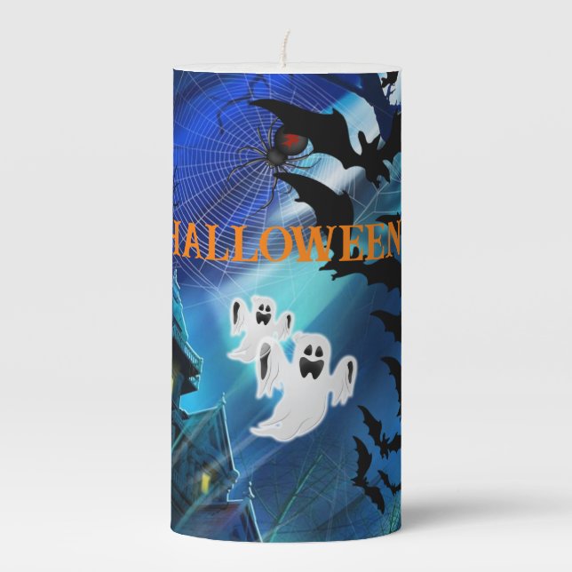 Halloween Haunted House Ghosts Bats Spiders Pillar Candle (Front)