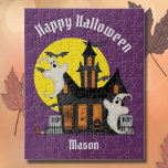 Halloween Haunted House Kids' Personalized Jigsaw Puzzle<br><div class="desc">Cute Halloween puzzle with editable greeting and child's name. Printed with image of colorful haunted house scene. Note product safety warning about age suitability under "About this Product." Created in part with artwork by Angela Wenke of resaleclipart.com</div>