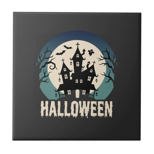 Halloween Haunted House Moonlight Vector Ceramic Tile (Front)