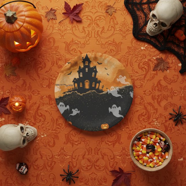 Halloween Haunted House Orange Gold Glitter Paper Plates (Creator Uploaded)