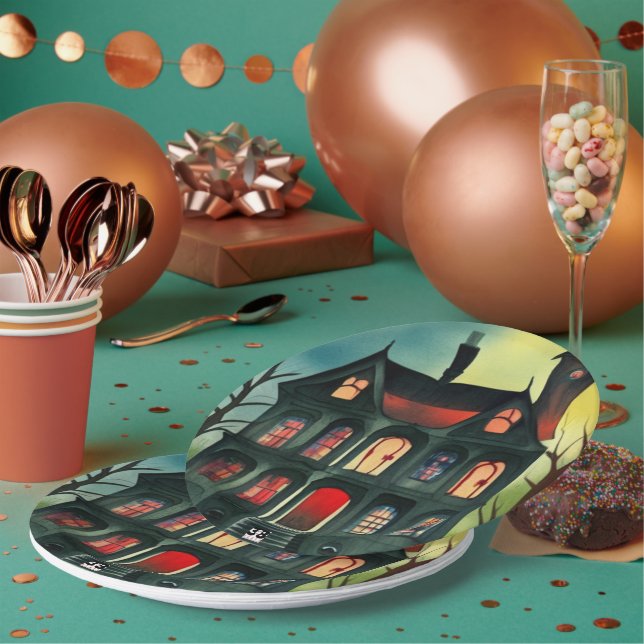 Halloween Haunted House Paper Plates (Multi)