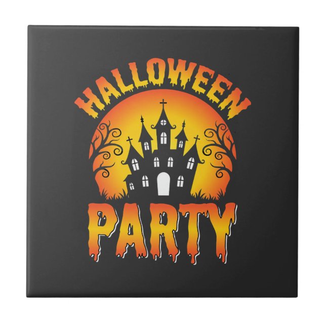 Halloween Haunted House Party Vector Ceramic Tile (Front)