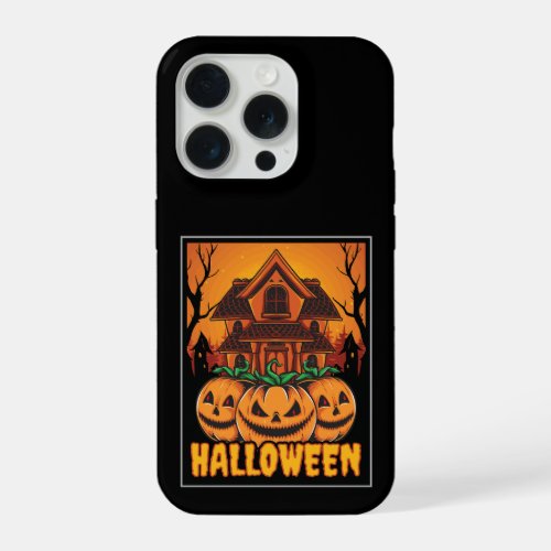 Halloween Haunted House Pumpkin Illustration iPhone 15 Pro Case