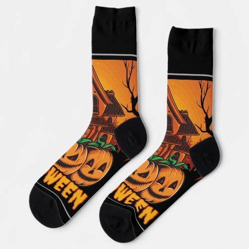 Halloween Haunted House Pumpkin Illustration Socks