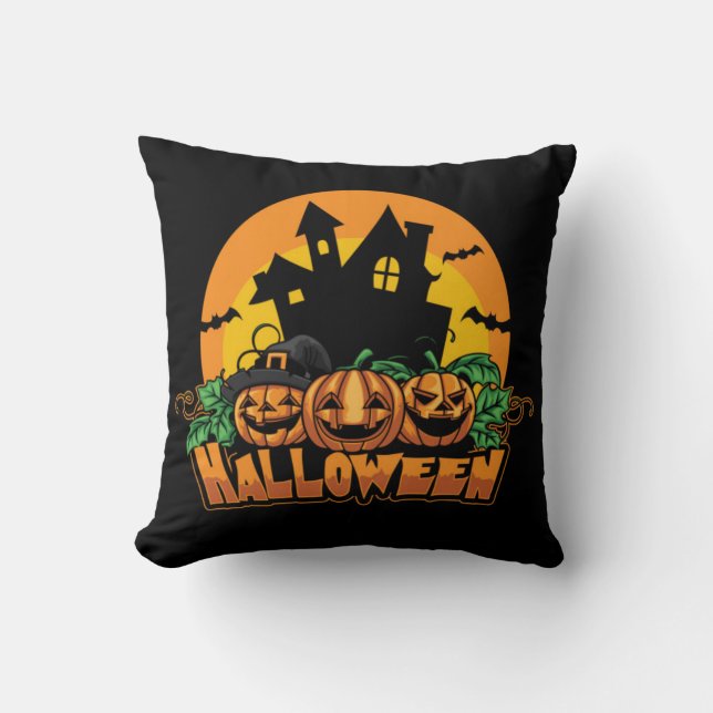 Halloween Haunted House Pumpkins Throw Pillow (Front)