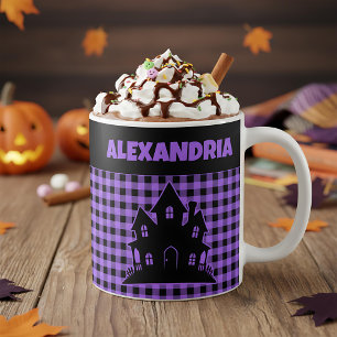 Halloween Haunted House Purple & Black Plaid Name Coffee Mug