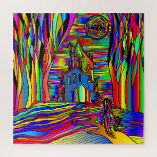 Halloween Haunted House Scary Abstract Colorful Jigsaw Puzzle