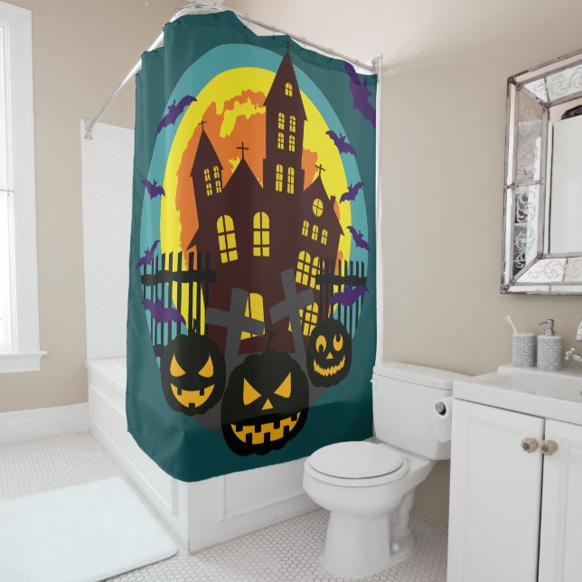Halloween Haunted House Scary Pumpkins Bats Shower Curtain (In Situ)