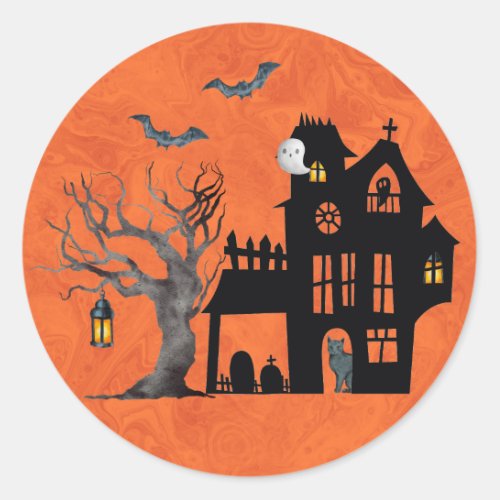 Halloween Haunted House Scene  Classic Round Sticker