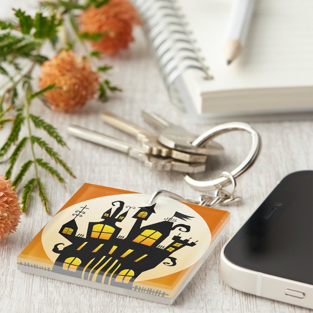 Halloween Haunted House Silhouette Full Moon Keychain (Creator Uploaded)