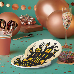 Halloween Haunted House Silhouette Full Moon Paper Plates