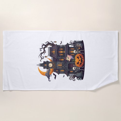 Halloween Haunted House Skeletons Pumpkin Ghost Cr Beach Towel