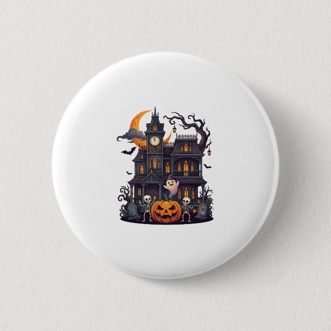 Halloween Haunted House Skeletons Pumpkin Ghost Cr Button (Front)