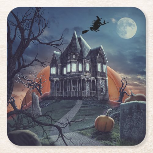 Halloween Haunted House Spooky Graveyard  Square Paper Coaster