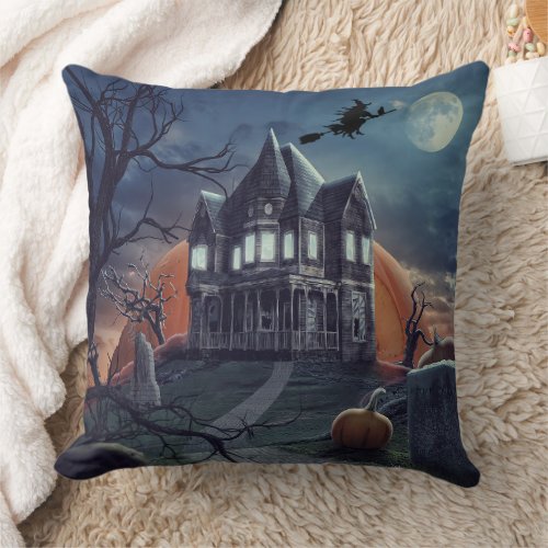 Halloween Haunted House Spooky Graveyard  Throw Pillow