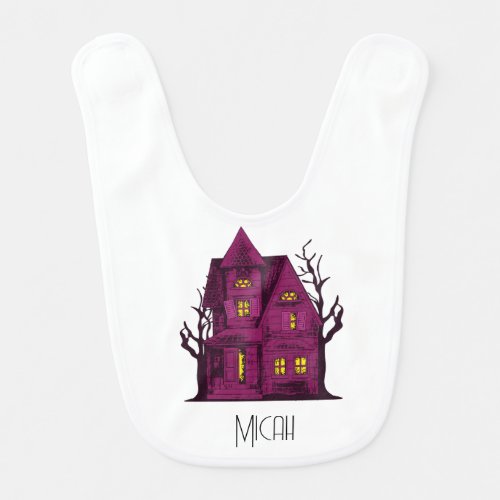 Halloween Haunted House Spooky Monogram Name Baby Bib