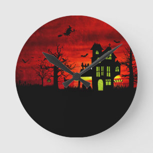 Halloween Haunted House Spooky Scary Witch Round Clock