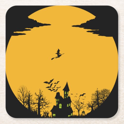 Halloween Haunted House Spooky Scary Witch Square Paper Coaster