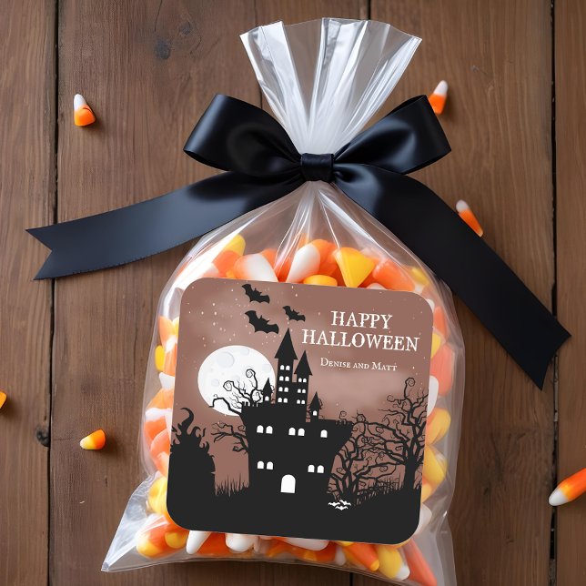Halloween Haunted House Square Sticker (Happy Halloween Haunted Castle Stickers)