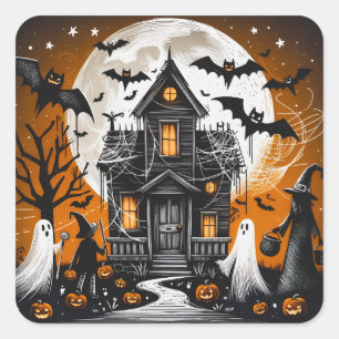 Halloween haunted house square sticker