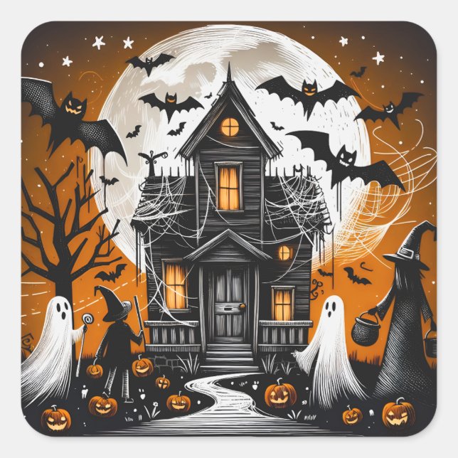 Halloween haunted house square sticker (Front)