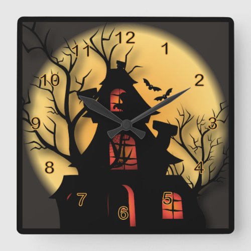 Halloween Haunted House Square Wall Clock