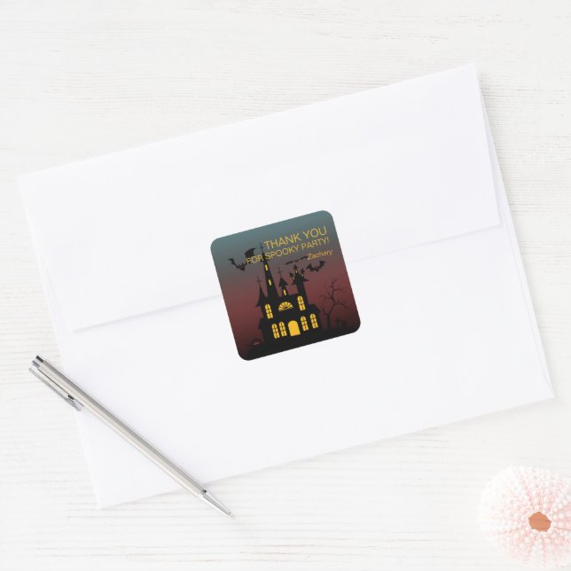 Halloween Haunted House Thank You Square Sticker (Envelope)