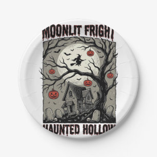 Halloween Haunted House Vintage Engraving Moon Shi Paper Plates
