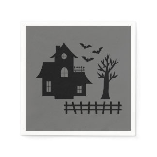 Halloween Haunted House With Bats And Tree On Gray Napkins