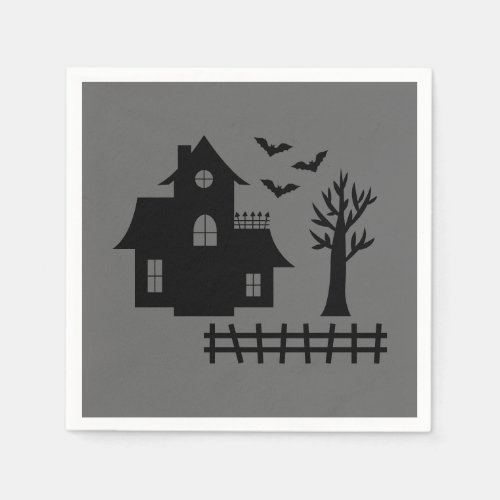 Halloween Haunted House With Bats And Tree On Gray Napkins