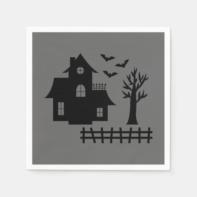 Halloween Haunted House With Bats And Tree On Gray Napkins (Front)