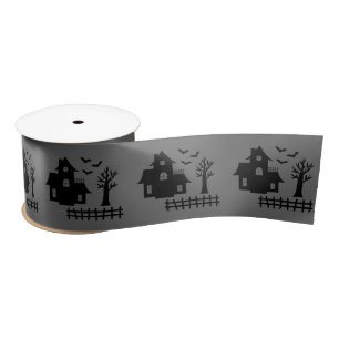 Halloween Haunted House With Bats And Tree On Gray Satin Ribbon
