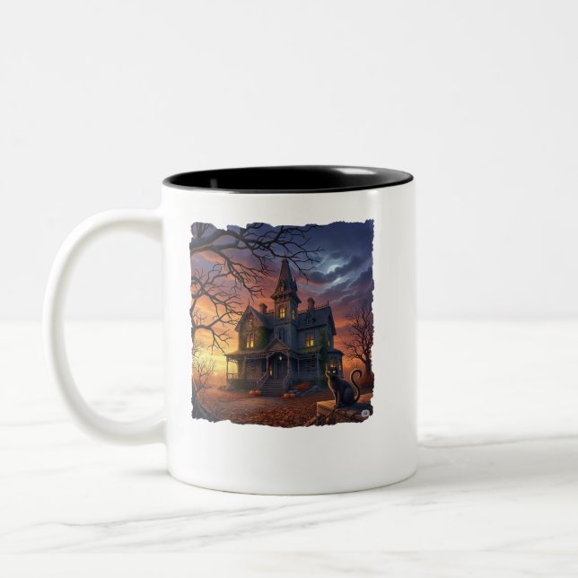 Halloween Haunted House with Cat! Two-Tone Coffee Mug (Left)