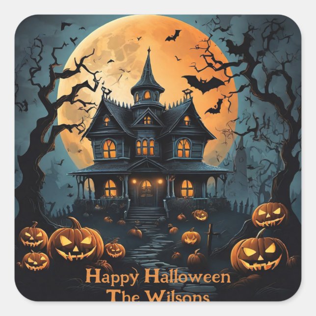 Halloween Haunted House with Creepy Pumpkins Square Sticker (Front)