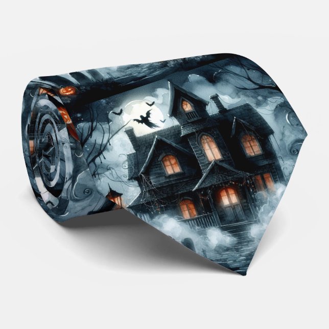 Halloween Haunted House with Ghosts Neck Tie (Rolled)