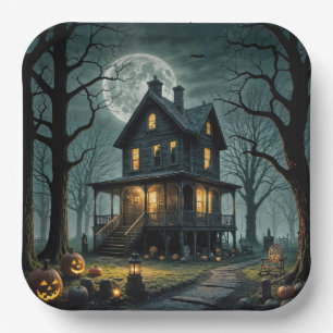 Halloween Haunted House With Jack-o-lanterns Paper Plates