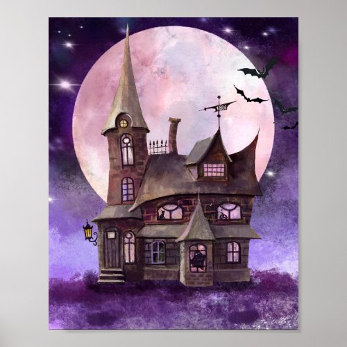 Halloween Haunted House With Moon and Bat Wall Art