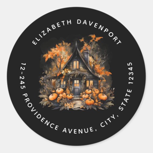 Halloween Haunted House with Pumpkins Address Classic Round Sticker