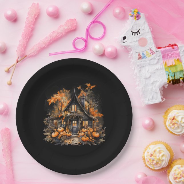 Halloween Haunted House with Pumpkins Black Paper Plates (Party)